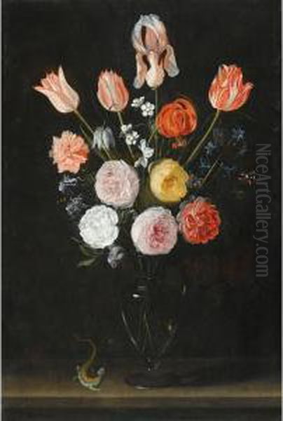 A Bouquet Of Flowers Including 
Tulips, Roses And Carnations, In A Glass Vase On A Stone Ledge With A 
Salamander Oil Painting by Daniel Seghers