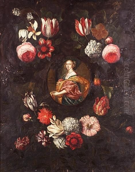 Portrait Of A Lady, 
Three-quarter-length In A Blue Dress With Pink And Gold Wraps Surrounded
 By A Garland Of Flowers Oil Painting by Daniel Seghers