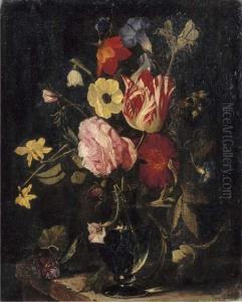 Roses, Tulips, An Iris, Pansies And An Anemone In A Glass Vase On Astone Ledge Oil Painting by Daniel Seghers