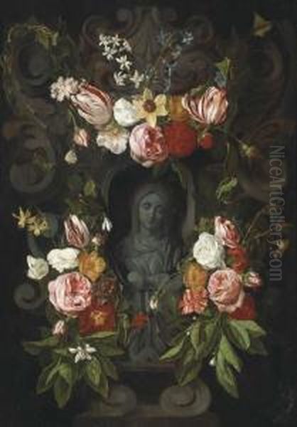 A Cartouche Of The Virgin With A Floral Surround Oil Painting by Daniel Seghers