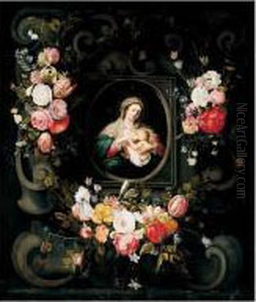 Swags Of Flowers Decorating A Stone Cartouche With The Virgin And Child Oil Painting by Daniel Seghers