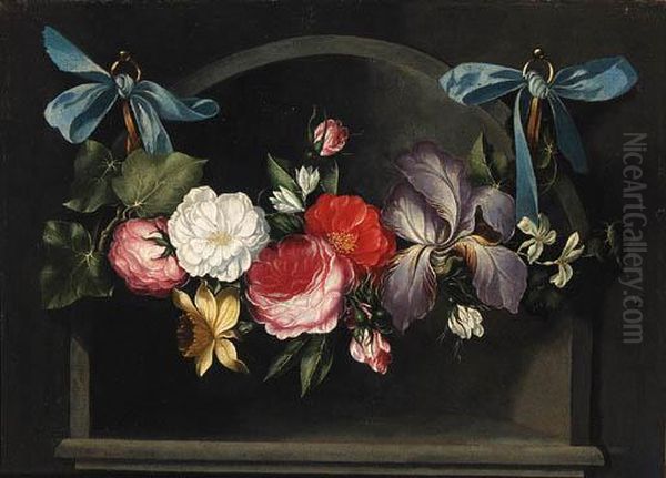 A Garland Of Flowers Hanging Before A Niche Oil Painting by Daniel Seghers