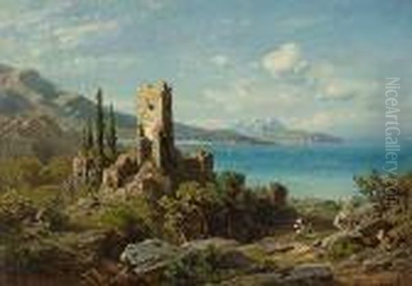 Italienische Kustenlandschaft Mit Burgruine Oil Painting by August Seidel