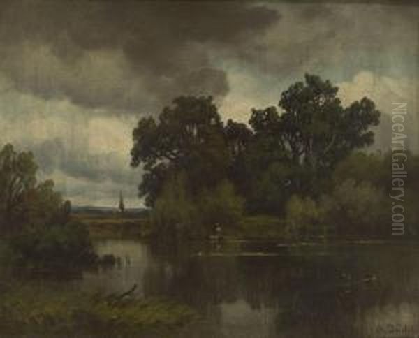 Uferlandschaft Bei Aufziehendem Gewitter. Oil Painting by August Seidel