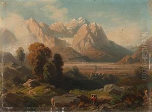 Gebirgslandschaft Mit Wanderer. Oil Painting by August Seidel