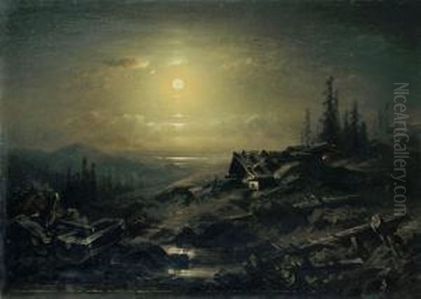 Nachtliche Gebirgslandschaft Oil Painting by August Seidel