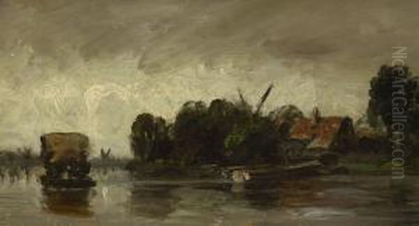 Flusslandschaft Mit Windmuhle. Oil Painting by August Seidel