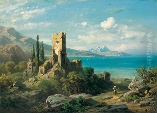 Sudliche Meeresbucht Mit Ruine Oil Painting by August Seidel