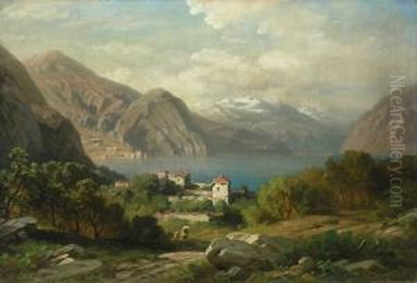 Berglandschaft Mit Dem Tiefer 
Liegenden See Im Mittelgrund, Davor Hausergruppe Mit Heraufziehenden 
Personen. Im Hintergrund Schneebedeckte Bergzuge Und Stadtchen Am Ufer. Oil Painting by August Seidel