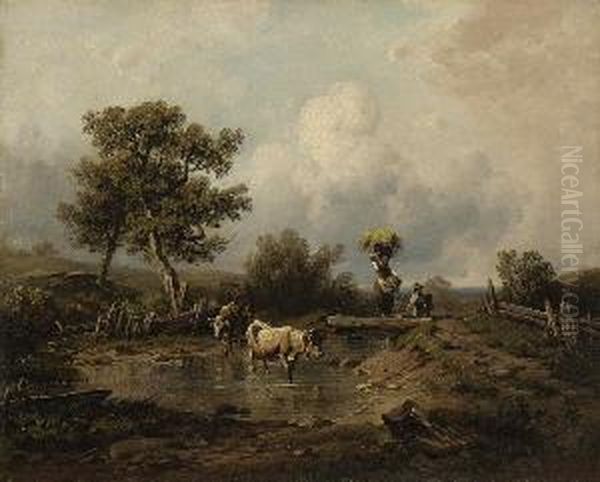 Hirtin Mit Kind Und Vieh Oil Painting by August Seidel