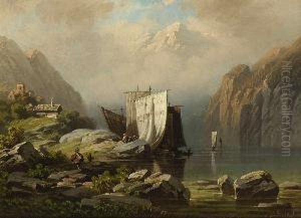 Wanderer Am Ufer Eines
 Gebirgssees. Oil Painting by August Seidel