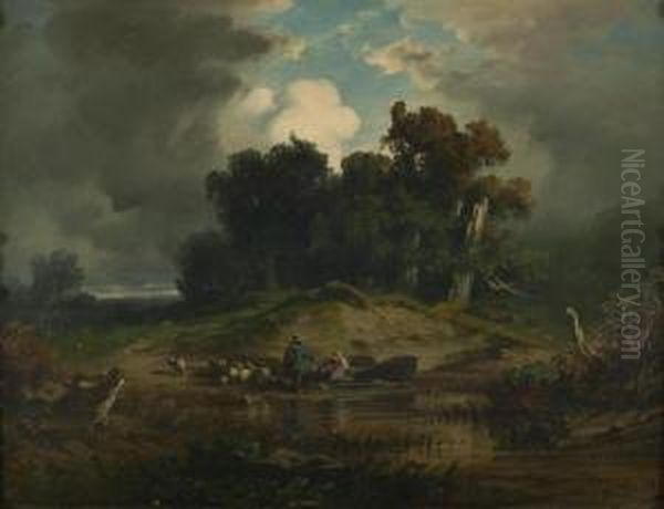 Ein Schaferpaar Mit Herde Bei Gewitter In Den Isarauen. Oil Painting by August Seidel