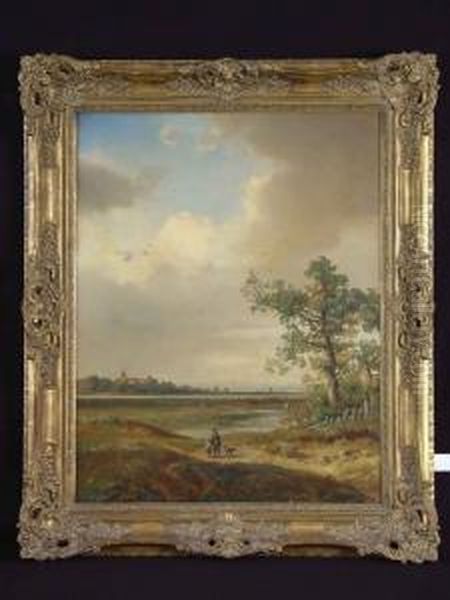 Mann M. Kind U. Hund In Bayer. Landschaft Oil Painting by August Seidel