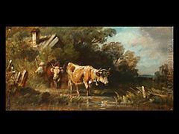 Landschaft Mit Kuhen Und Hirte Oil Painting by August Seidel