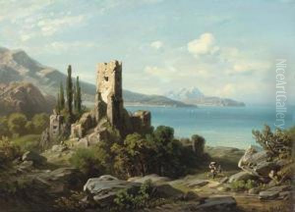 Figures Walking Past Ruins On A Coastal Path, With The Seabeyond Oil Painting by August Seidel