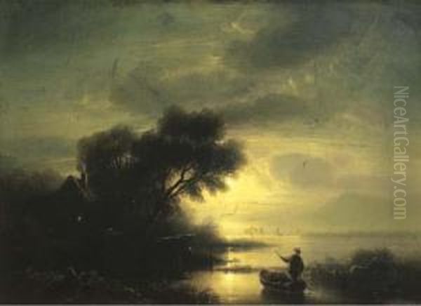 A Fisherman In A Moonlit Landscape Oil Painting by August Seidel