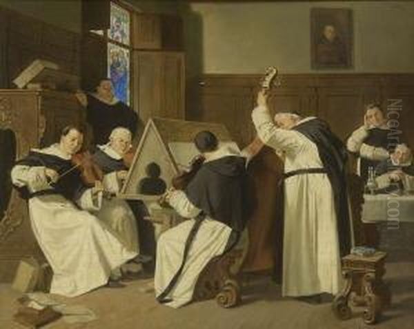 Musizierende Monche. Oil Painting by Alfred Seifert