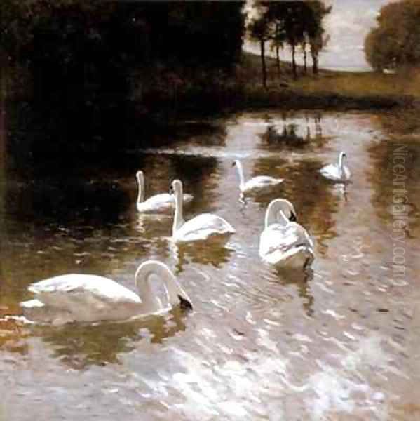 Swans on a lake Oil Painting by Johannes Cornelis van Essen