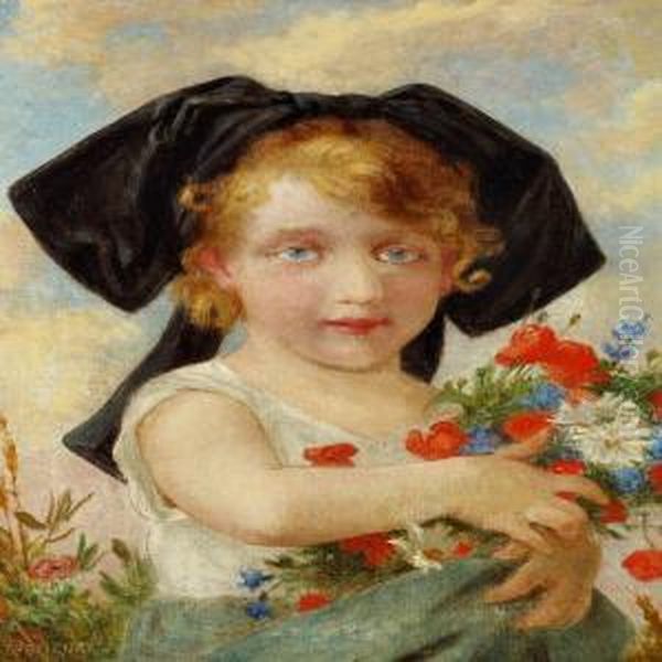 A Little Girl With An Armful Of Field Flowers Oil Painting by Guillaume Seignac