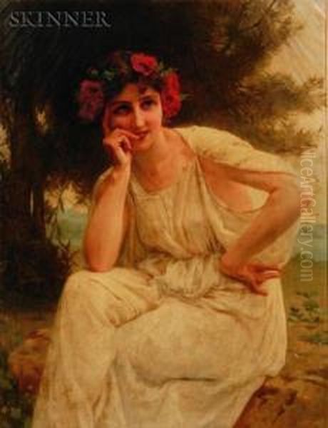 Woman With Red Floral Wreath Oil Painting by Guillaume Seignac