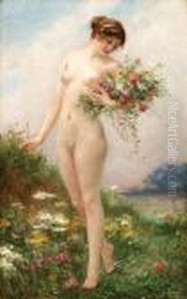 Gathering Wild Flowers Oil Painting by Guillaume Seignac