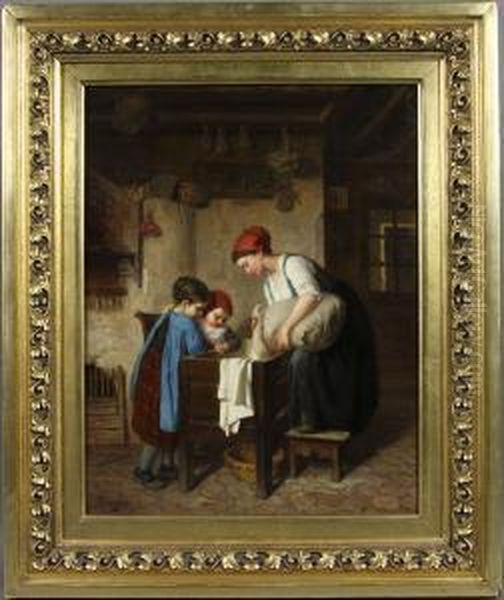 Fine Scene Of Mother And Two Daughtersmaking Bread Oil Painting by Paul Seignac