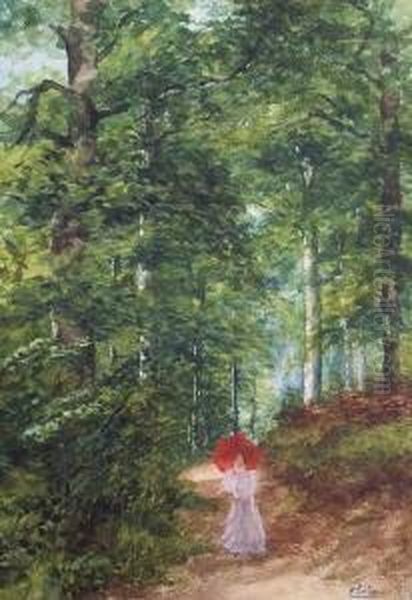 Waldweg Mit Spaziergangerin Oil Painting by Carl Seiler