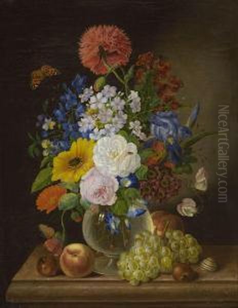 Stillleben Mit Blumen In Glasvase Und Fruchten Oil Painting by Georg Seitz