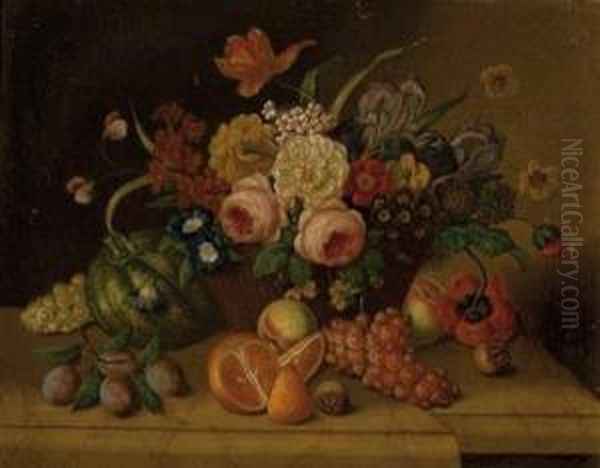 Stillleben Mit Blumenkorb Undfruchten Oil Painting by Georg Seitz