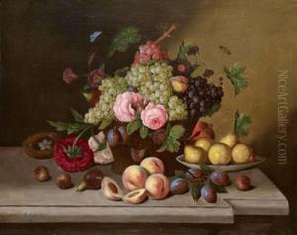 Obststillleben Mit Rosen Und Vogelnest Auf Marmorplatte Oil Painting by Georg Seitz