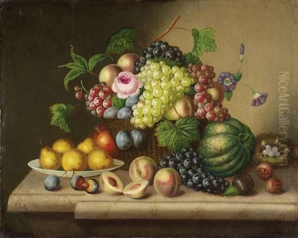 Still-life With Fruit And 
Flowers On A Marble Plate. Still-life With Fruit, Flowers And A Parakeet
 On A Marble Plate. A Pair. Oil/canvas, The First One Signed Oil Painting by Georg Seitz