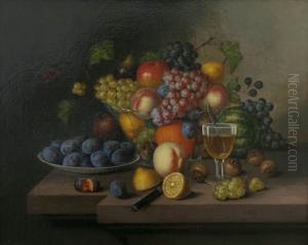 Still-life With Fruit And A Glass Oil Painting by Georg Seitz