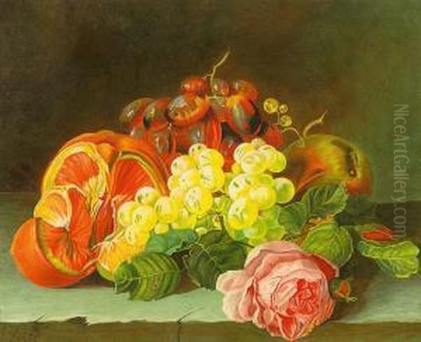 Fruchtestilleben Mit Rose Oil Painting by Georg Seitz