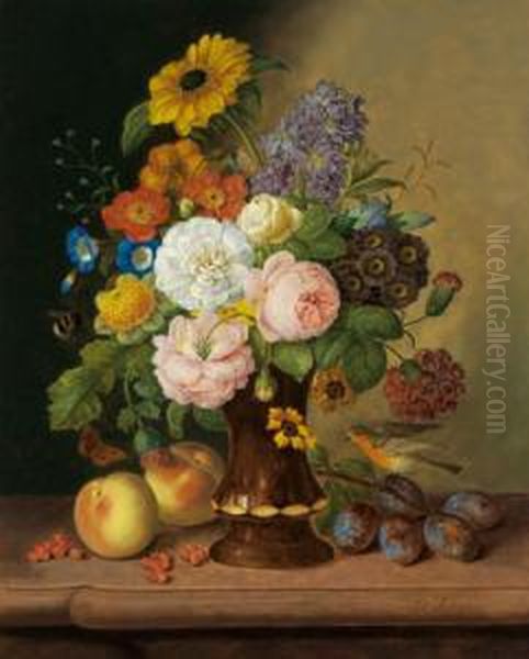 Blumenstilleben Mit Fruchten Und Vogel Oil Painting by Georg Seitz