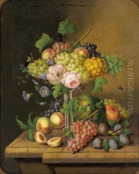 Fruchte Und Blumenstilleben Auf Steinplatte Oil Painting by Georg Seitz