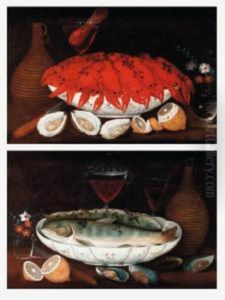 Crayfish And Salmon In Porcelain Bowls Oil Painting by Georg Seitz