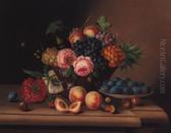 A Basket Of Grapes, Apples, 
Roses And A Pineapple With Peaches,plums And Other Flowers On A Stone 
Ledge Oil Painting by Georg Seitz