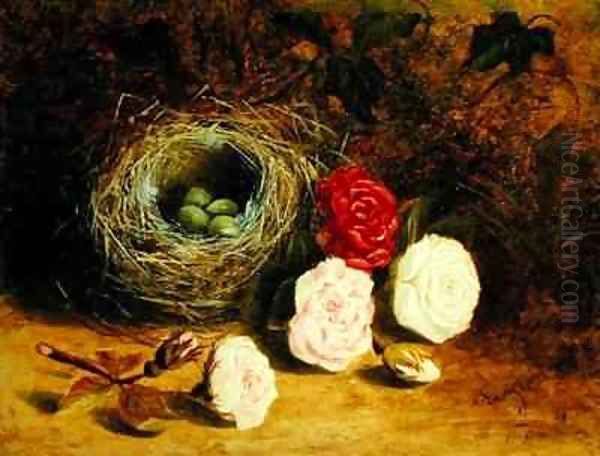 Still life of birds nest and roses Oil Painting by Mary Ensor