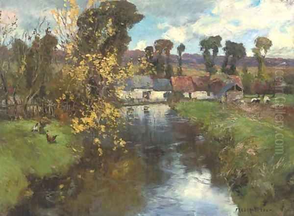 A riverside farm Oil Painting by Frederick Charles Vipont Ede