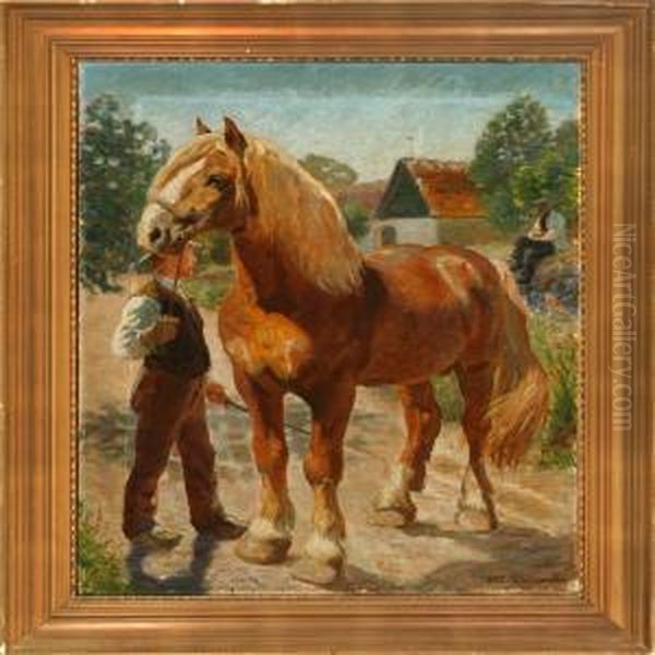 Stableman With A Work Horse Oil Painting by Georg Sophus Seligmann