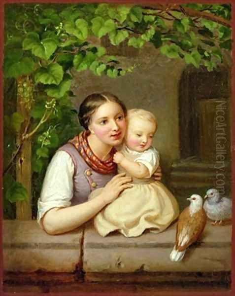 Mother with Child and Two Doves Oil Painting by August von der Embde