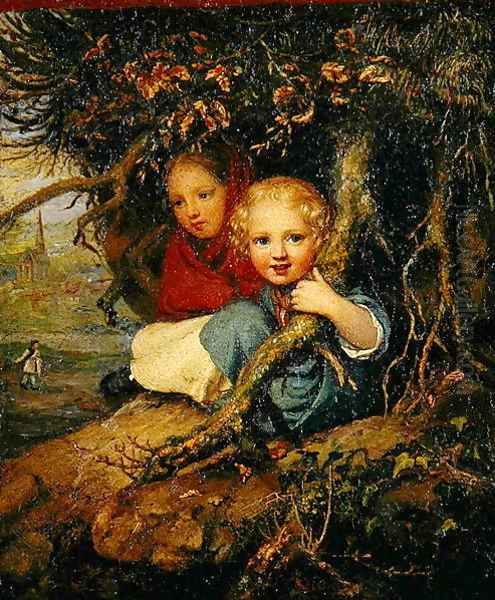 Two Children under Tree Roots Oil Painting by August von der Embde