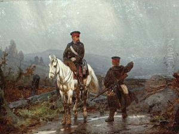 A Prussian Officer On Horseback With A Footsoldier Oil Painting by Christian I Sell