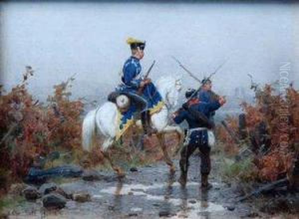 Oil On Panel,prussian Cavalry 
Officer And Infantry, Signed Chr Sell 79, 11.5cm X15cm, Framed. 
Illustrated Oil Painting by Christian I Sell