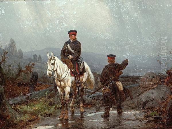 A Prussian Officer On Horseback With A Footsoldier; Combat In The Snow (a Pair) Oil Painting by Christian I Sell