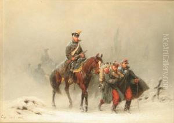 Zwei Gefangene Und Ein Berittener Soldat Auf Einer Verschneiten Landstrase Oil Painting by Christian I Sell