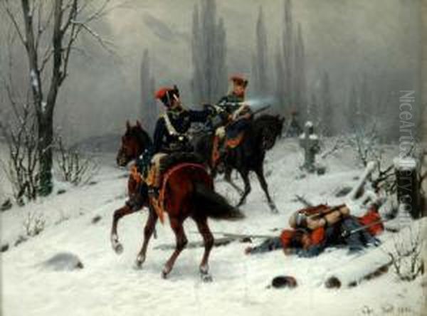 Prussian Cavalry In Winter Landscape, Signed Oil On Panel, Dated 1880. 21x27cm Oil Painting by Christian I Sell