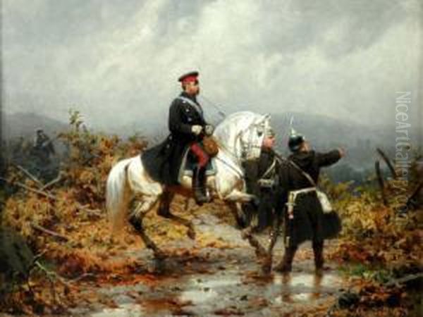 Prussian Cavalry Officer And Infantry, Signed Oil On Board, Dated 1879, 21x27cm Oil Painting by Christian I Sell