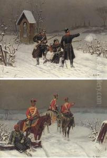 Dragoons In The Snow; And Prussian Infantry Oil Painting by Christian I Sell