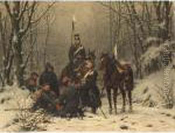 Prussian Soldiers Resting In A Winter Landscape. Oil Painting by Christian I Sell